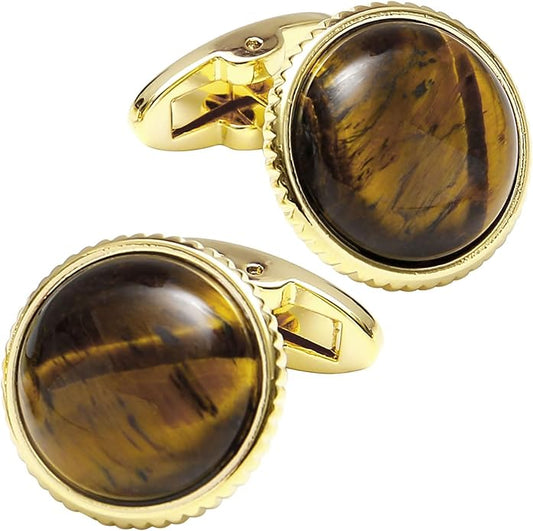 Jonwo Round Natural Polished Tiger's Eye Gemstone Cufflinks for Men Women 14K Gold Plated Crystal Men's Cufflinks Jewelry for Wedding Anniversary Business Party Tuxedo Dress Shirt