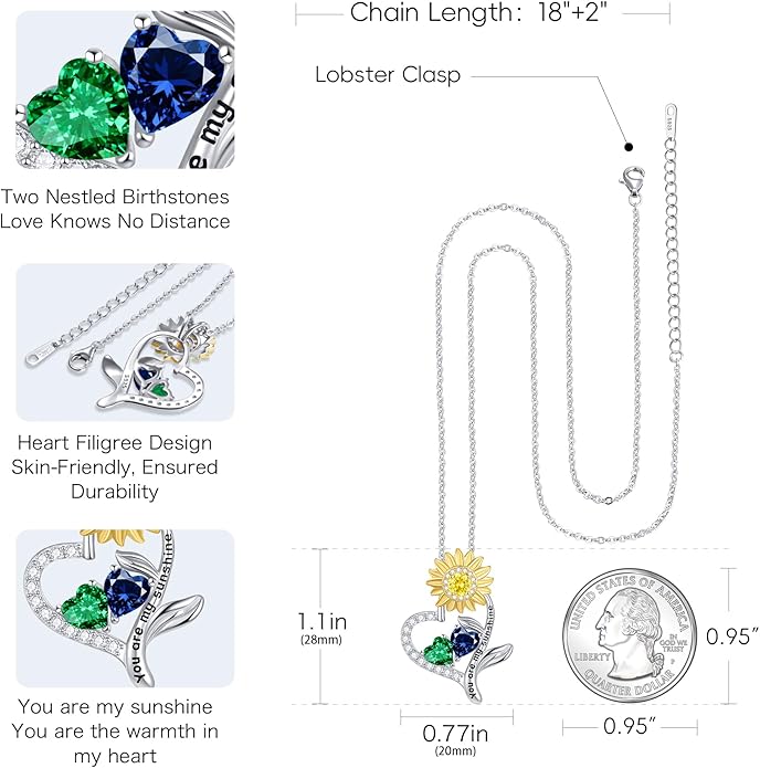PERJI Valentine's Day Gifts for Women - 925 Sterling Silver Double Birthstone Sunflower Necklace, Anniversary Birthday Jewelry You are My Sunshine Gifts for Wife Couple Girlfriend 18"+2" Non Tarnish