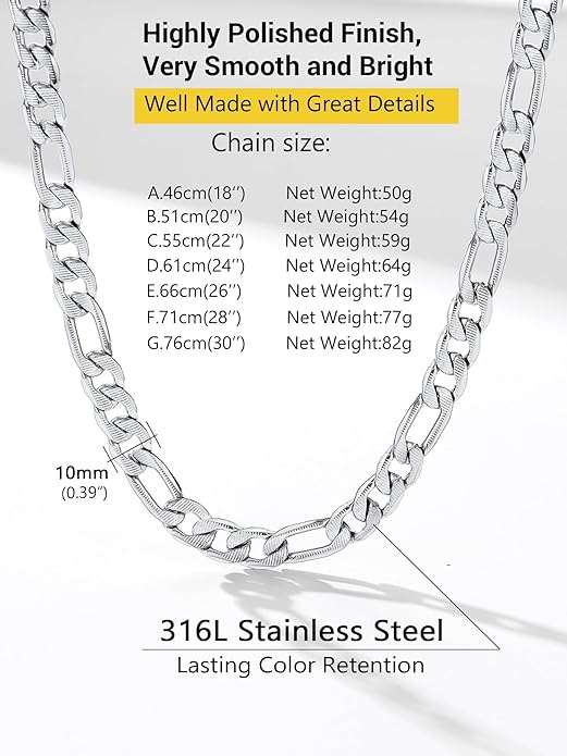 PROSTEEL 316L Stainless Steel Figaro Cuban Chain Necklace for Men, Black/18K Real Gold Plated, 4/5/6/7.5/9/10/13mm, 14inch-30inch, Come with Box