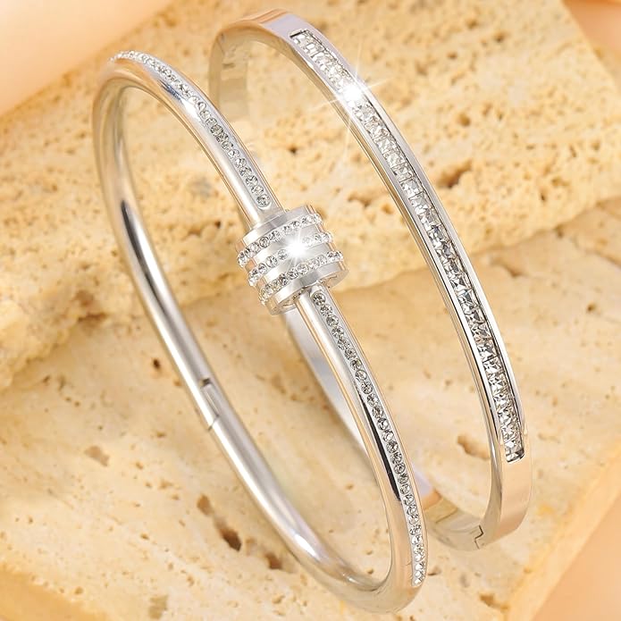 Silver Bangles for Women - Stainless Steel Love & Friendship Bracelet Set with Gift Box | Daily Wear & Party Jewelry