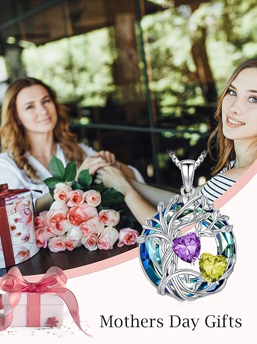 TOUPOP s925 Sterling Silver Family Celtic Tree of Life Pendant Necklaces with 2 Heart Birthstone with Blue Austrian Crystal Jewelry Birthday Anniversary Christmas Gifts for Her Wife Girlfriend Mom (18K Real White Gold Filled)