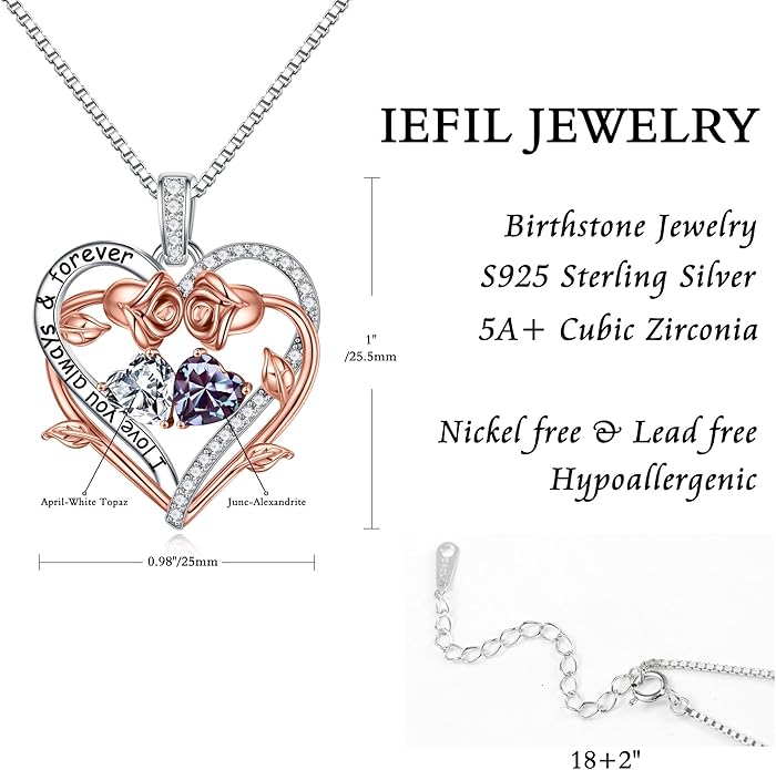 Iefil Rose Heart Double Birthstone Necklace Gifts for Wife Her Mom Women, Birthstone Jewelry Gemstone Birthday Gifts for Girlfriend Grandma Her Wife Women