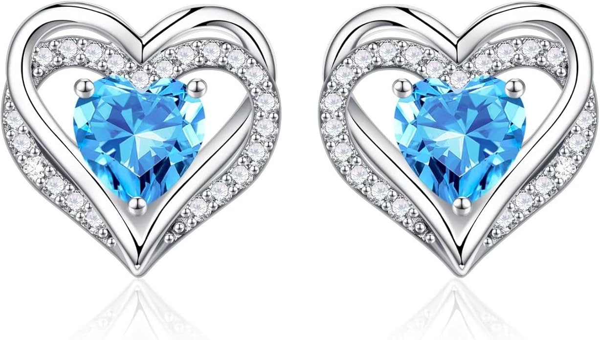 Iefil Birthstone Earrings for Women, 925 Sterling Silver Heart Stud Earrings Birthday Gifts for Women