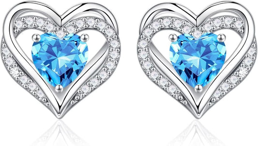 Iefil Birthstone Earrings for Women, 925 Sterling Silver Heart Stud Earrings Birthday Gifts for Women