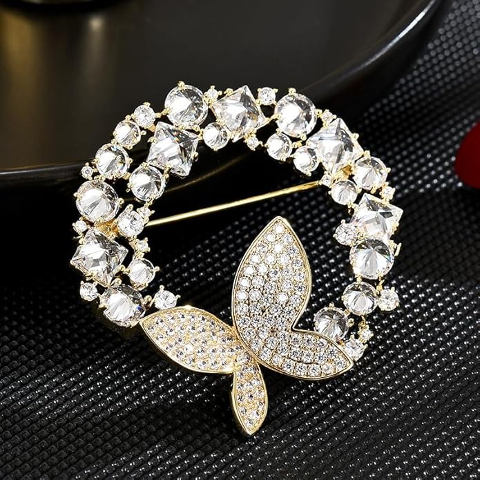 14K Gold Grand Butterfly Brooch with Crystal Embellishments, Circular Design Adorned with Natural Pearl, Luxurious and Elegant Pin for Stylish Attire