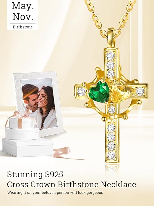 Zeuslia Double Birthstone Necklace Gifts for Wife - 925 Sterling Silver Sunflower/Rose/Crown Cross/Compass/Heart Pendant I Love You Necklace, Anniversary Birthday Gifts for Wife Girlfriend Mom Her