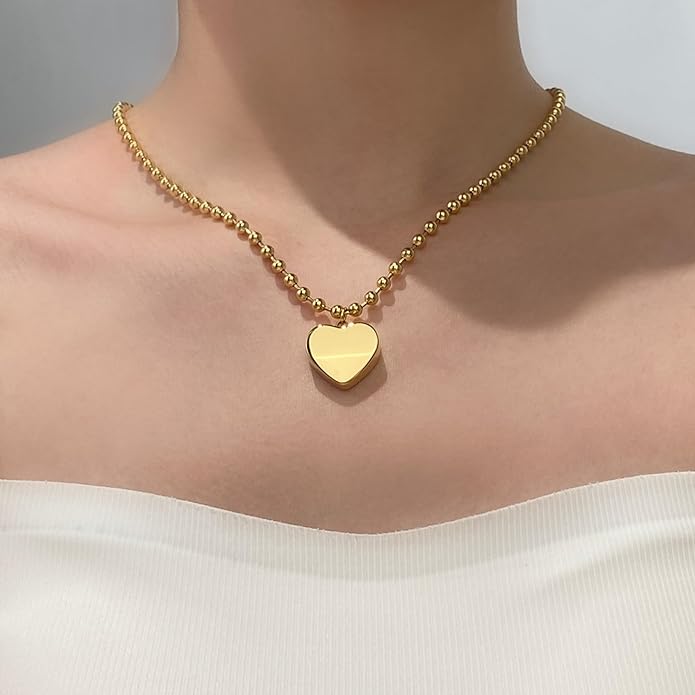 Chunky Gold Necklace for Women, 18K Waterproof Heart Necklace Statement Necklace Gold Charm Necklace Chunky Jewelry Paperclip Chain Choker Gift for Women