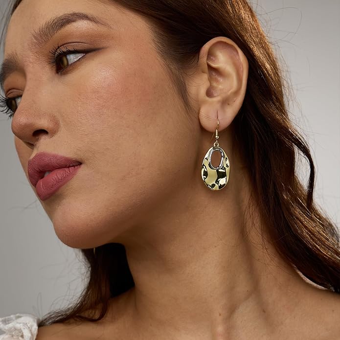 Hefanny Large Hammered Teardrop Dangle Earrings Geometric Chunky Flower Earrings Women's Trendy Statement Jewelry Multiple Styles