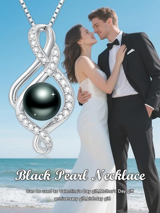 KANNSOAR Tahitian Black Pearl 18K White Gold Plated Sterling Silver Heart/Infinity/Four Leaf Clover Pendant Necklace Jewelry Gifts for Women Wife Mom Girlfriend Wedding Birthday Anniversary Christmas