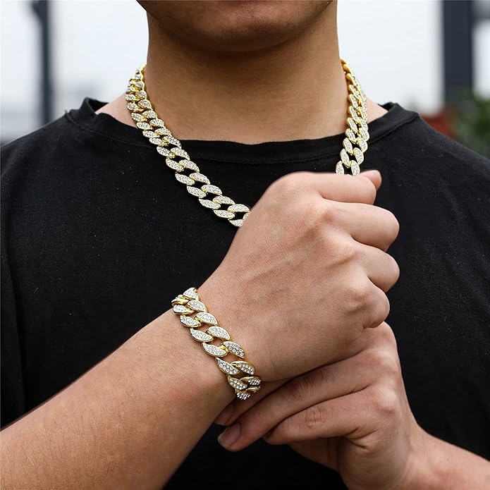 Saintda Cuban Link Chain and Bracelet Set for Men Women Iced Out Diamond Gift for Boys Hip Hop Rapper Jewelry