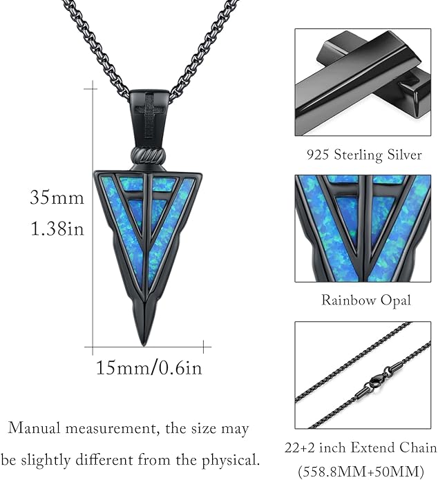PCTJYFU Arrowhead Necklace 925 Sterling Silver for Women Men Pendant with Blue Opal/Abalone Shell/Turquoise Black Gold Plating Protective Symbol Jewelry Adjustable Chain Gift for Him Her