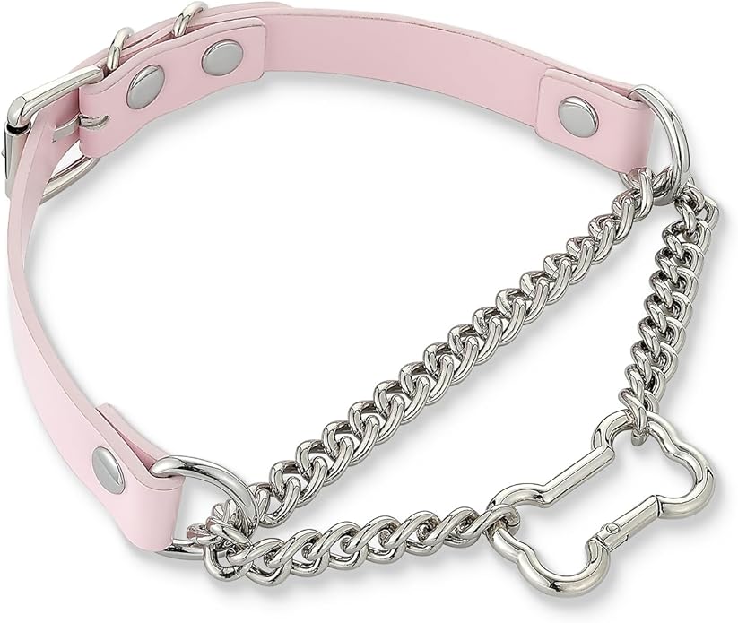 Black/Pink Leather Choker Collar For Women, Handmade Gothic Slip Chain Necklace with Bone Clasp