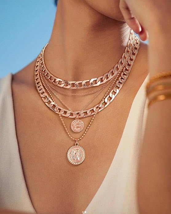 MJartoria Layered Necklaces for Women Trendy Retro Coin Pendant Necklace Dainty Chunky Chain Choker Necklaces for Jewelry Birthday Gifts