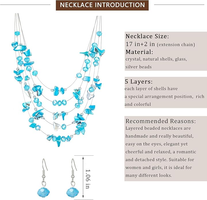 Multi-Layer Boho Shell Beaded Necklace for Women Colorful Crystal Strand with Silver Beads Statement Collars Necklace and Earrings Costumes Jewelry Sets for Women
