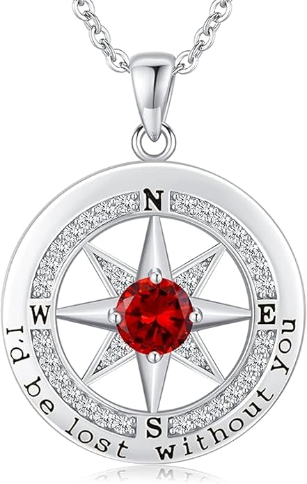 Compass Necklace for Women Wife Girlfriend Mom Daughter Gifts S925 Silver Jewelry For Anniversary Rose Gold Gifts For Birthday Christmas Mothers Valentines Day 12 Birthstones