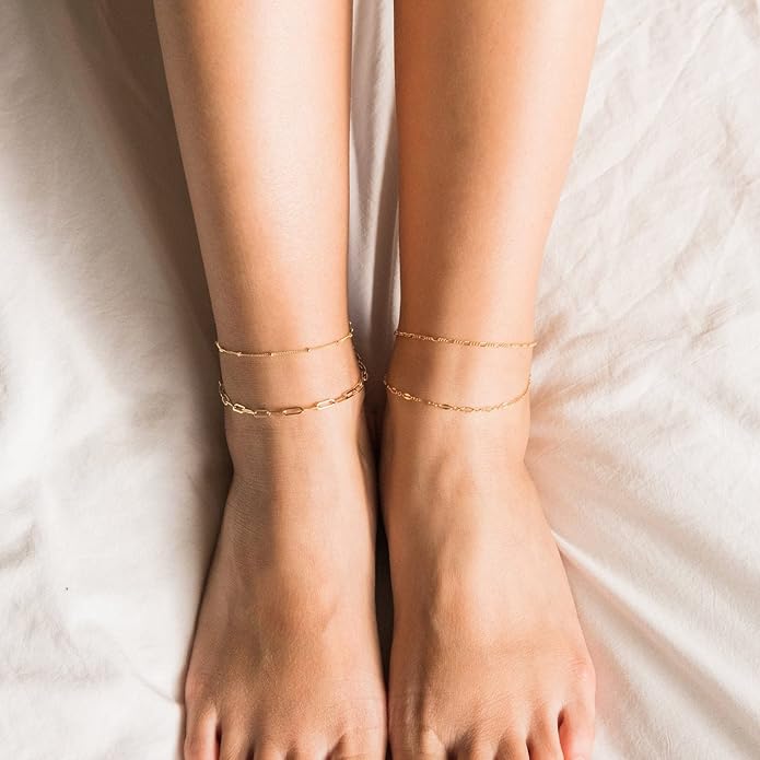 DEARMAY 14K Gold Plated Ankle Bracelets for Women Waterproof - Dainty 6Pcs Anklets Layered Cuban Link Chain Herringbone Cute Anklets Set Pack Summer Beach Jewelry Gift for Women Teen