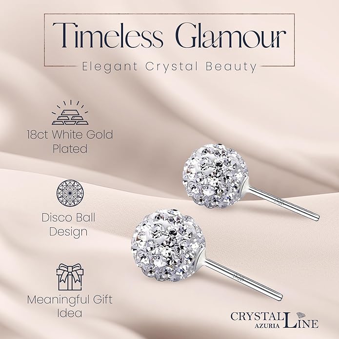 Crystal Line Azuria 925 Sterling Silver Woman Earrings with Box Disco Ball White Crystals Dangle Hook Stud Earrings for Women