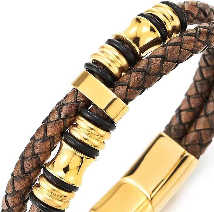 COOLSTEELANDBEYOND Mens Double-Row Braided Leather Bracelet Bangle Wristband with Stainless Steel Ornaments