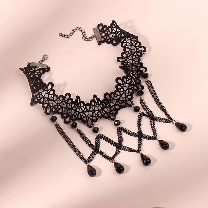 Gothic Lace Choker Necklace for Women,Vintage Black Crystal Hollowed Out Choker Statement Punk Style Layered Tassels Necklace Halloween Dark Witch Costume