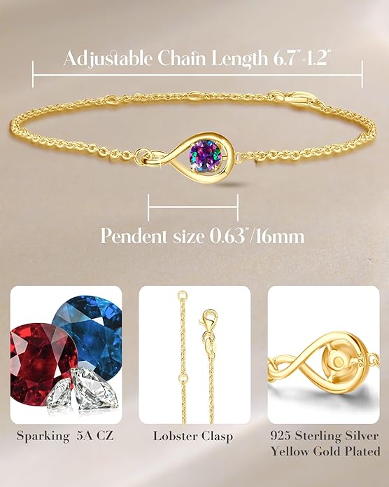 FANCIME Love Bracelet 925 Sterling Silver Infinity Birthstone Bracelets for Women Fine Jewelry Birthday Christmas Gifts for Her Mom Wife, Chain Length 6.7"+1.2" Extend