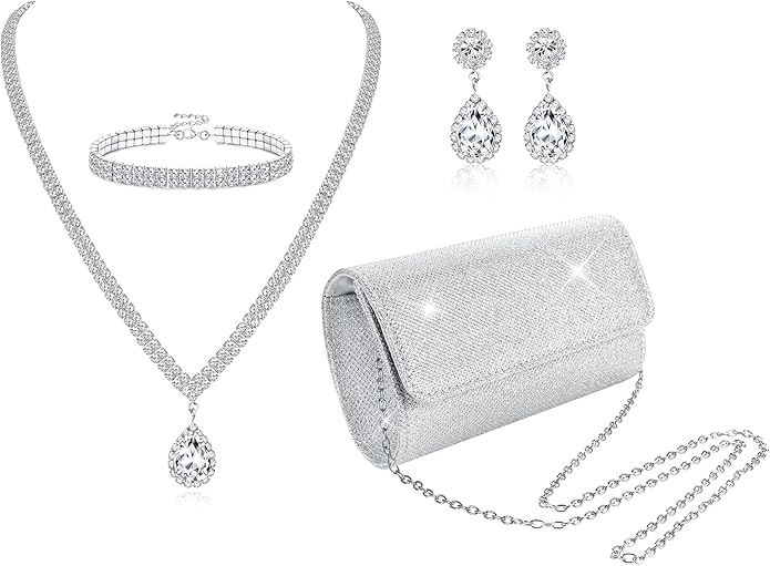 Subiceto 4Pcs Silver Clutch Purse Jewelry Set for Women Evening Rhinestone Purse Crystal Necklace Earrings Bracelets Set Silver Accessories for Women Bride Wedding Jewelry