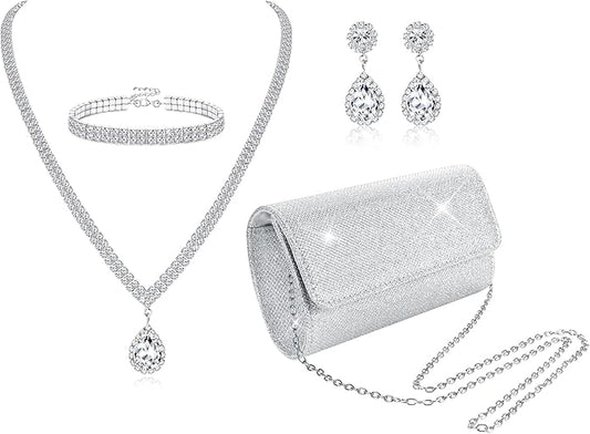 Subiceto 4Pcs Silver Clutch Purse Jewelry Set for Women Evening Rhinestone Purse Crystal Necklace Earrings Bracelets Set Silver Accessories for Women Bride Wedding Jewelry