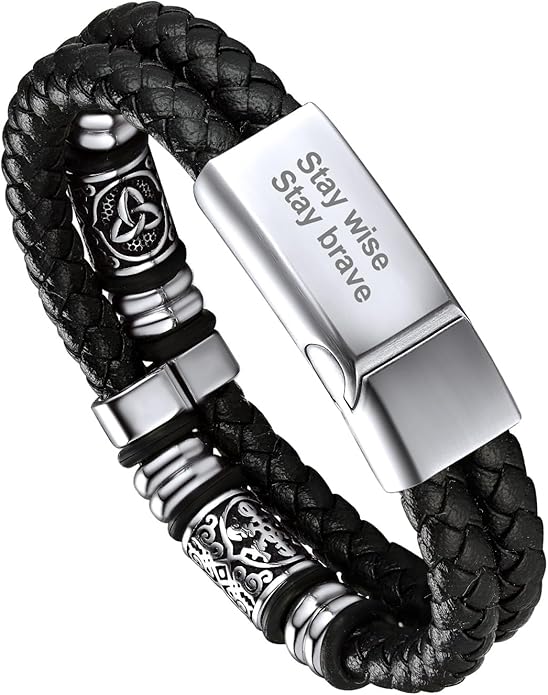 Bandmax Mens Black Double Wax Rope Cuff Bracelets Waterproof Stainless Steel Norse Style Celtic Knot Beads Bracelet Wristband Gift for Men