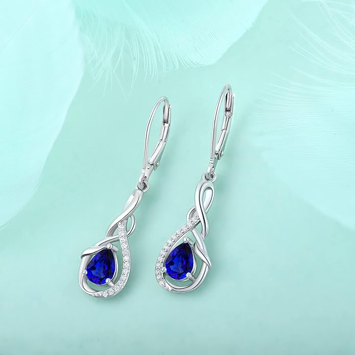 STARCHENIE 925 Sterling Silver Necklace Dangle Earrings for Women Infinity Twisted Teardrop Pendant September Birthstone Created Sapphire Jewelry Set