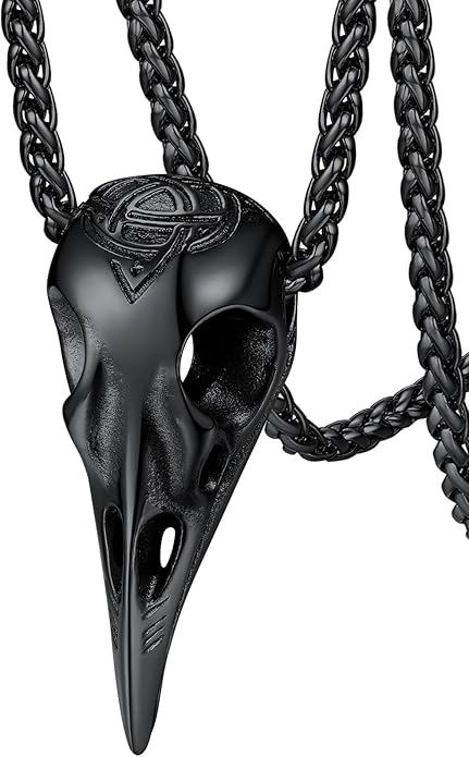 FaithHeart Viking Raven Necklace for Men, Norse Mythology Raven Skull Pendant Sturdy Stainless Steel Amulet Jewelry Gift for Men