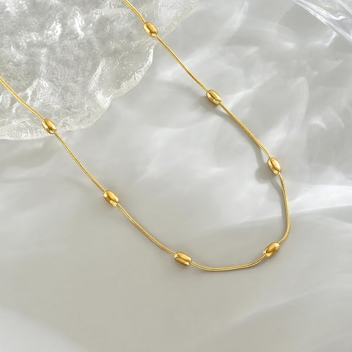 Gold Chain Necklace for Women Dainty 18K Gold Plated Thin Satellite Beaded Turquoise Necklace Simple Gold Boho Jewelry