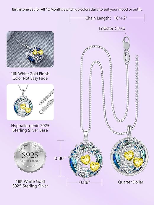 TOUPOP s925 Sterling Silver Family Celtic Tree of Life Pendant Necklaces with 2 Heart Birthstone with Blue Austrian Crystal Jewelry Birthday Anniversary Christmas Gifts for Her Wife Girlfriend Mom (18K Real White Gold Filled)