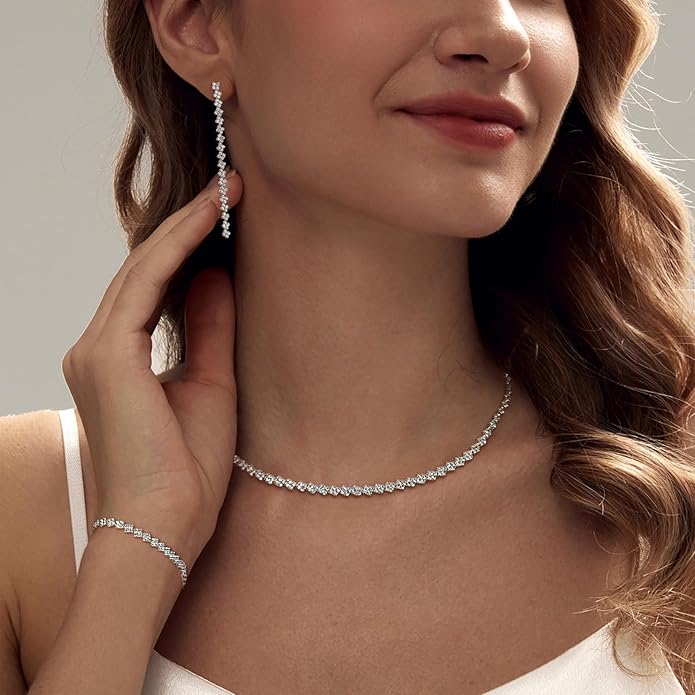 Tennis Necklace Bracelet for Women, Sterling Sliver, Dainty Chocker Necklace, Crystal Bracelet for Women, Wedding Jewelry for Bride, Sparkly Party Prom Hypoallergenic