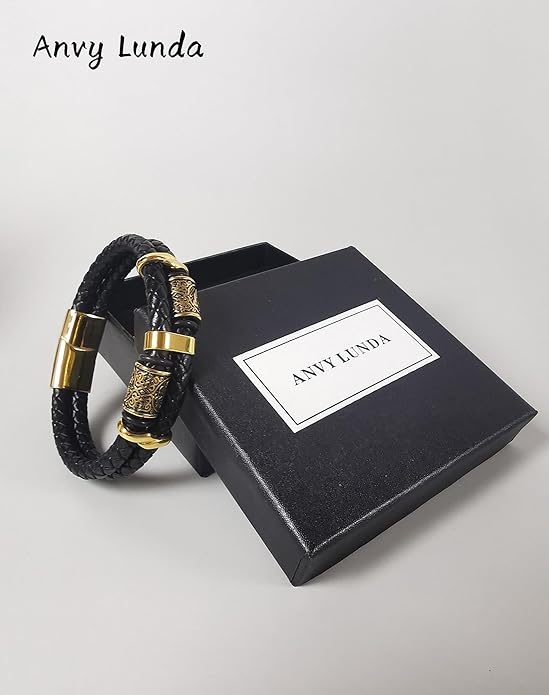 Viking Compass Celtic Knot Bracelet, Mens 14K Gold Plated Black Braided Leather Cuff, 316L Stainless Steel Jewelry for Women Friend Father Husband Son