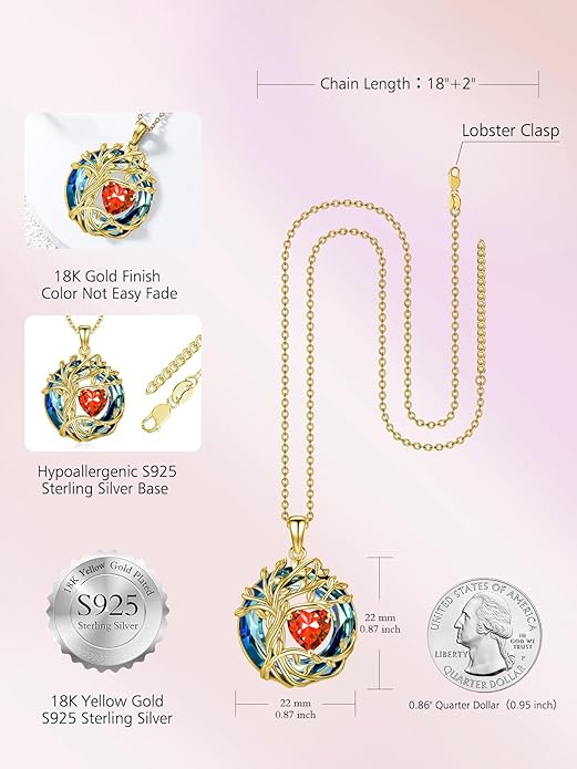 TOUPOP Christmas Gifts Tree of Life Birthstone Necklace 925 Sterling Silver Pendant Austrian Crystal Jewelry Anniversary Birthday Gifts for Women Mom Her Wife