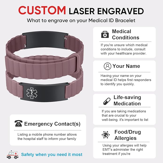 Comfortable Medical ID Bracelet for Men & Women - Custom Engraved Silicone Strap Comfort Fit Medical Alert Bracelets for Sports,Adjustable Waterproof Customizable Wristband for Diabetic