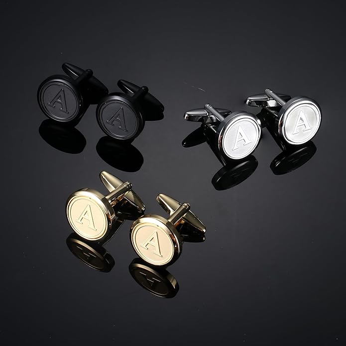 LOLIAS 3 Pairs Initial Cufflinks For Men Classic Mens CuffLinks Set Letter Cuff Links for Casual to Formal with Gift Box Silver Black 14K gold plated Cufflinks for Father Husband