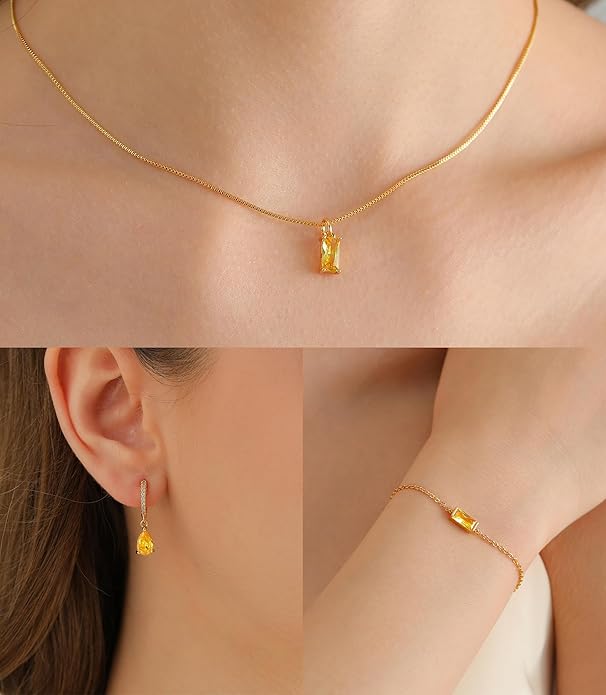 Birthstone 14K Gold Plated Bracelets Earrings Necklaces Jewelry Set， Blue Green May Cubic Zirconia，Friendship Bracelets Jewelry Gifts for Mom Best Friend Birthday