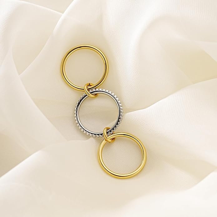 AllenCOCO 14K Gold Plated Stackable Rings, 3 Ring Set with CZ Cubic Zirconia, Gold & Silver Stacked, Multi-Link Connected Interlocking Band for Women Statement Hypoallergenic Upgraded Craft