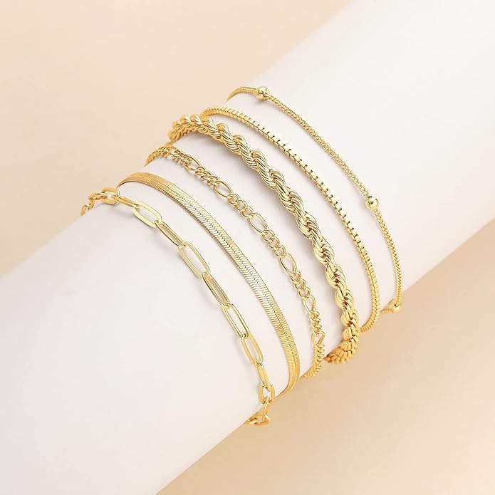 DEARMAY 14K Gold Plated Bracelets for Women Waterproof, Jewelry Sets Trendy Thin Dainty Stackable Cuban Link Paperclip Chain Bracelet Pack Fashion Accessories Gifts for Womens