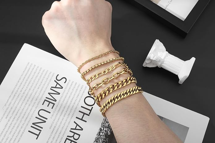 XIANNVXI 6pcs Stainless Steel Bracelets for Men Women Silver/Gold/Black Cuban Link Rope Paperclip Chain Bracelets Set 6.5/7/7.5/8.3/9 Inches Metal Bracelet Mens Fashion Accessories Jewelry Set