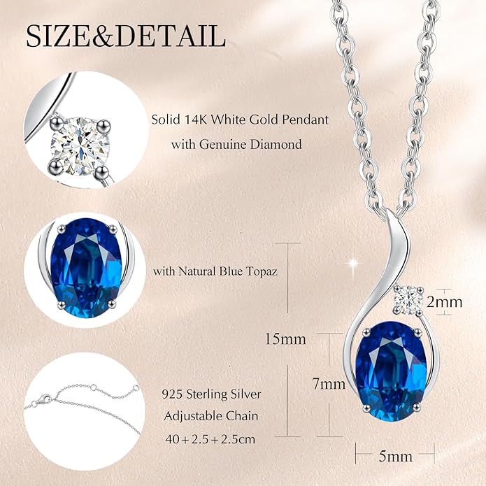 FANCIME 14K Solid White Gold Oval Gemstone Necklace with Diamond Pendant Gifts for Mom Women,16"+2" Inches