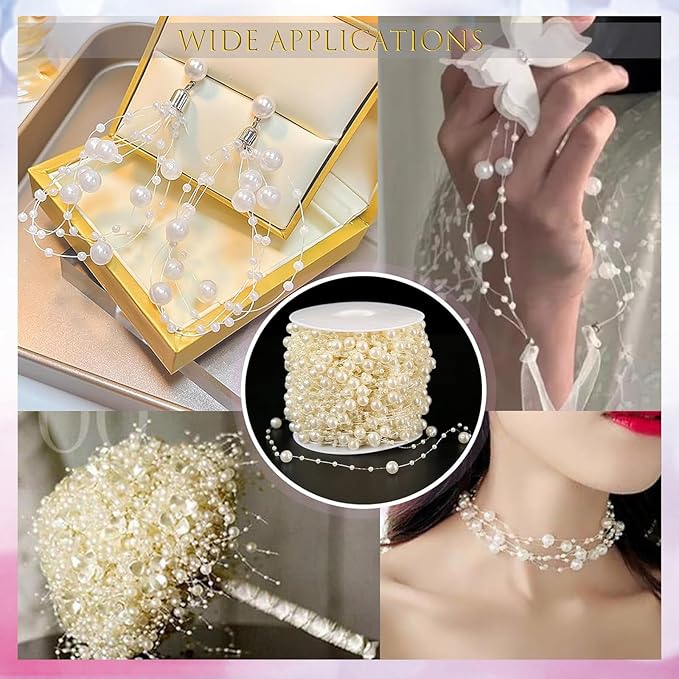 Fbshicung 3 Rolls Pearls String Beads Decoration Pearl Garland for Christmas Tree Faux Pearl Garland Roll Strand for Crafting String of Flowers Wedding,66 Feet (Ivory)