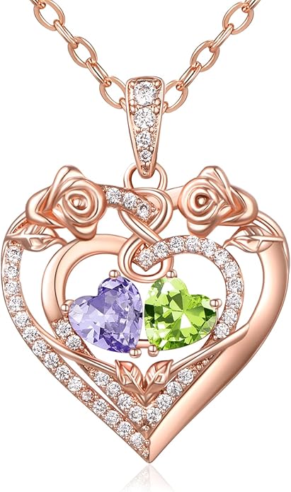 JIYVY32 Rose Heart Necklace for Women Exquisite 925 Sterling Silver Anniversary Birthday Gifts for Wife Mom Her Double Birthstone Pendant Jewelry