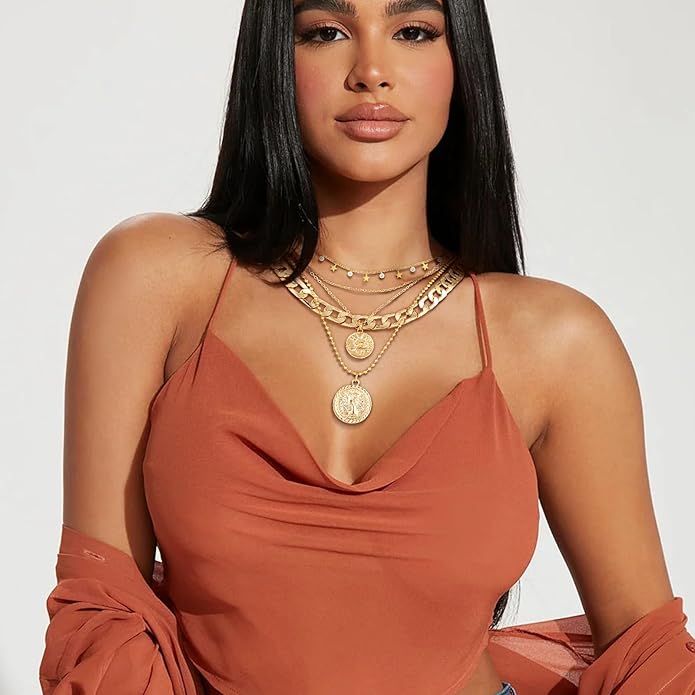 MJartoria Layered Necklaces for Women Trendy Retro Coin Pendant Necklace Dainty Chunky Chain Choker Necklaces for Jewelry Birthday Gifts