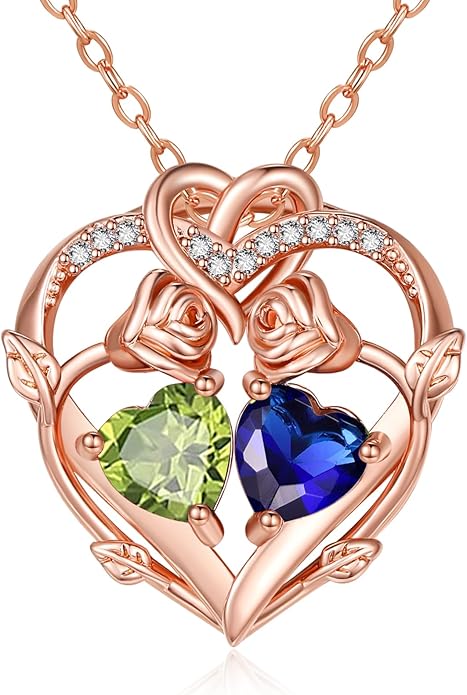 Rose Gold Necklaces for Women Double Birthstone Rose Flower Heart Pendant Necklace Jewelry Anniversary Christmas Valentine's Mother's Day Birthday Gift for Wife Mom Her Girlfriend Sister