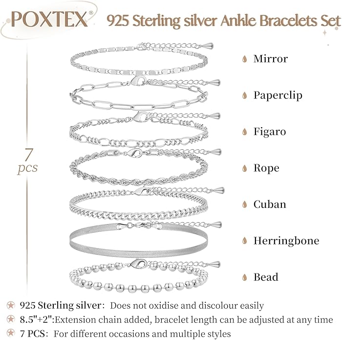 Sterling Silver Anklet Bracelets for Women Waterproof, 925 Sliver Plated CZ & Heart Charm Dainty Layer Anklets for Women Trendy, Simple Chain Anklets Set Gifts for Women, Jewelry Gifts for Her Women Mom Wife Girlfriend