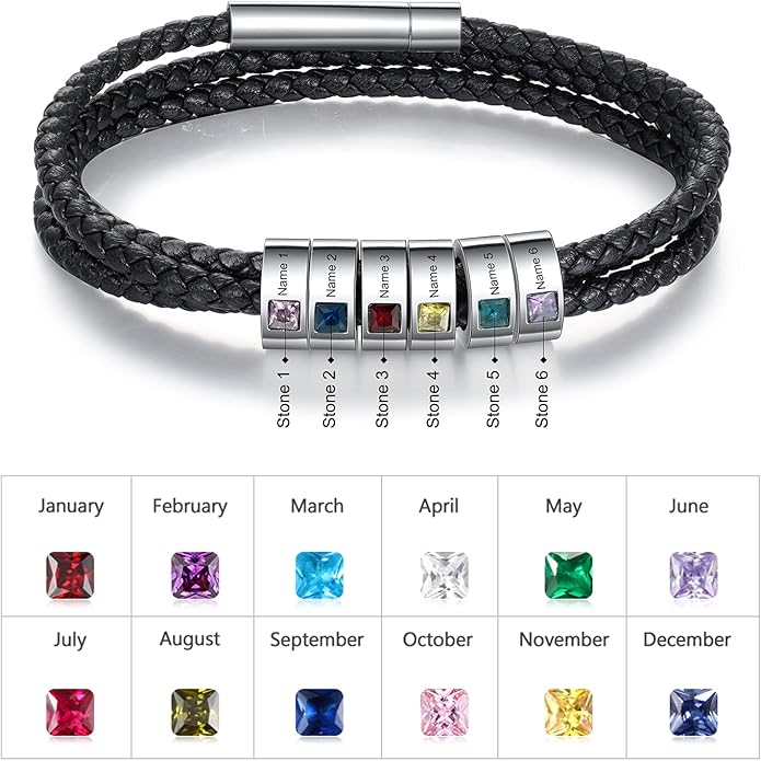 kaululu Custom Leather Bracelet for Men with 1/2/3/4/5/6/7/8 Birthstones Engraved Stainless Steel Beads Personalized Names Bracelet for Father's Day Christmas Thanksgiving Gift for Men
