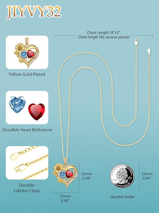 Sunflower Heart Necklace for Women 14K Gold Exquisite Anniversary Birthday Gifts for Wife Mother Her Double Birthstone Pendant jewelry‘You Are My Sunshine’