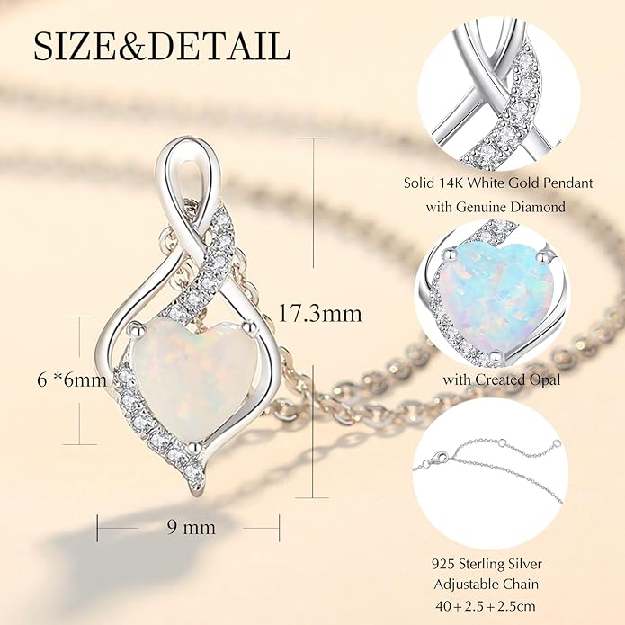 FANCIME 14K Solid White Gold Infinity Heart Birthstone Necklace for Women with Diamond Pendant Birthday Gifts for Mom Women Sterling Silver Chain 16" + 2" Extender
