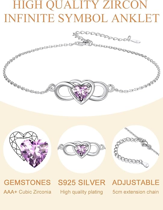 Custom4U Personalized Infinity Ankle Bracelets for Women 925 Sterling Silver Anklet Bracelet Endless Love Symbol Birthstone Charm Adjustable Foot Chain Jewelry Mothers Day Gifts for Mom Wife Women Her